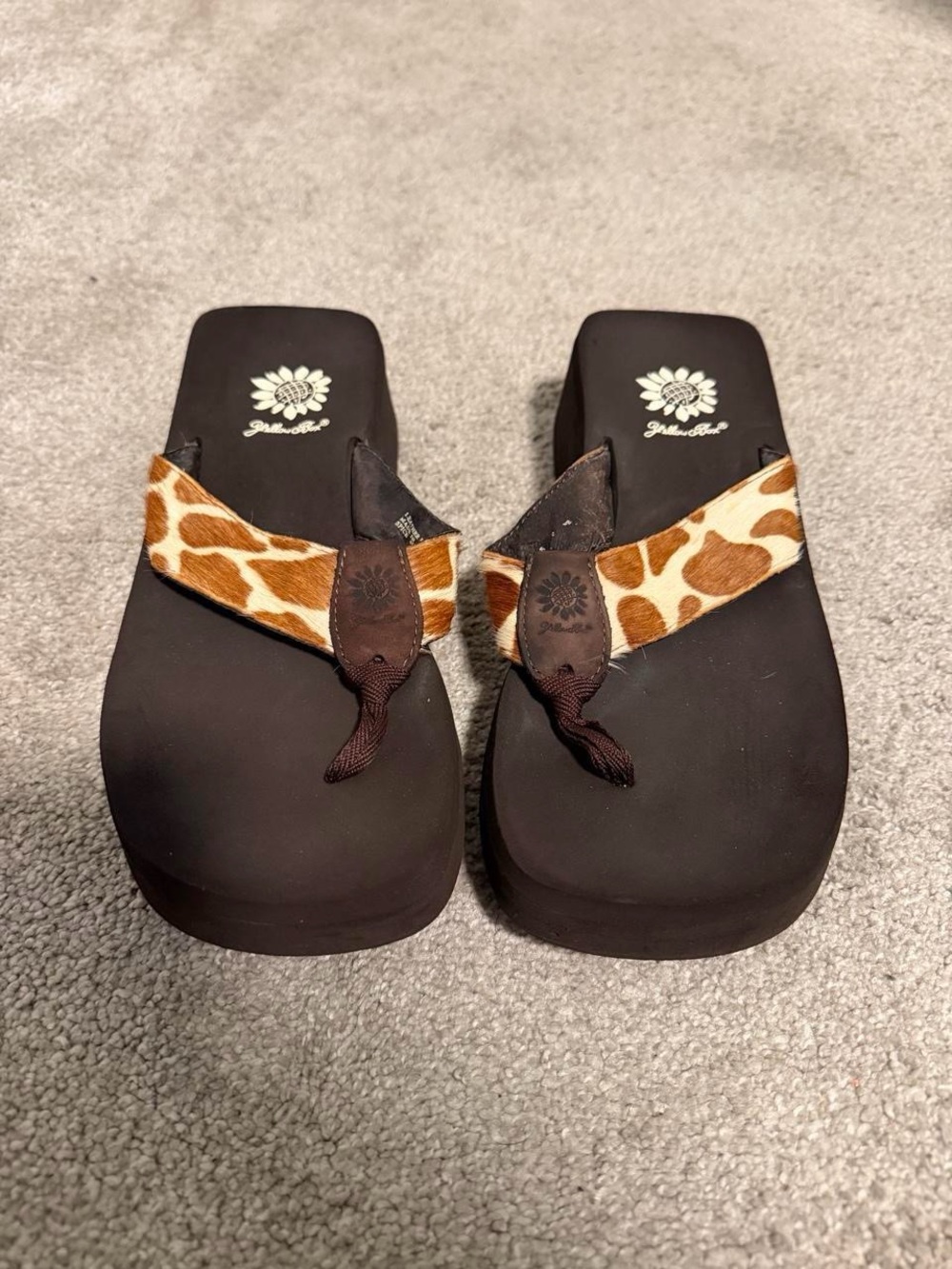 Yellow Box Black Platform Flip Flops with Giraffe-Print Straps